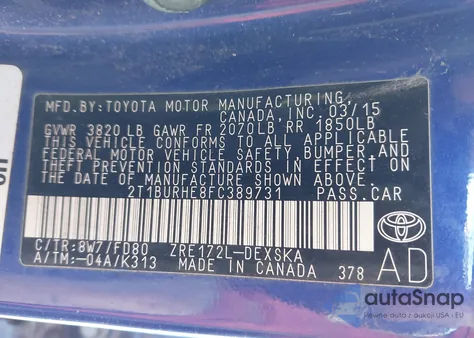 2015 Toyota Corolla S Plus from USA, damaged, VIN 2T1BURHE8FC389731